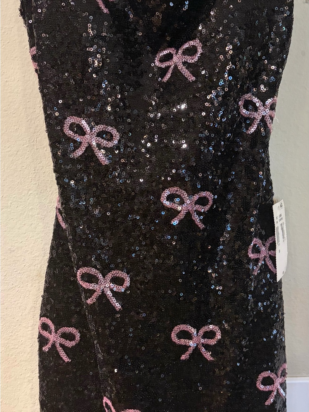 Kids Black Sequin Dress with Pink Bow Accents